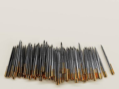 Bej bir arka planda bir grup metal kalem birbirinin üzerine uzanır. 3D görüntüleme. Metin için yer