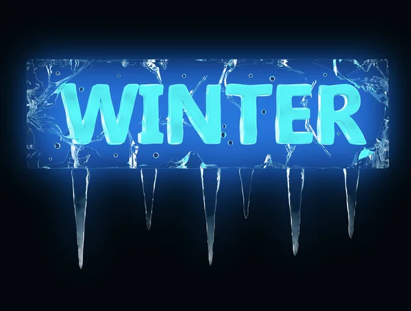 A palavra inverno é congelada em um pedaço transparente de gelo em um fundo azul com vinheta escura. Renderização 3D — Fotografia de Stock