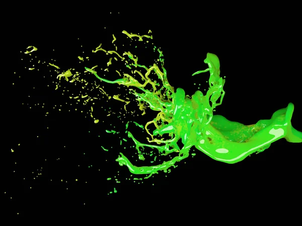 黒の背景にスプラッシュと塗料の緑の波。3Dレンダリング — ストック写真