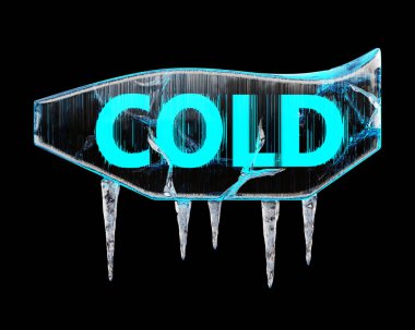 Soğuk kelimesi buz parçasında donmuş ve siyah bir zeminde buz sarkıtları asılı. 3B görüntüleme