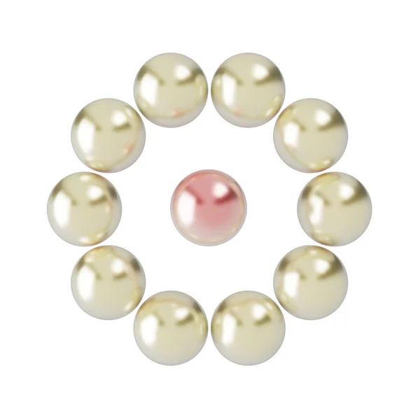 Cirkeln är gjord av vita pärlor med en rosa pärla i mitten. 3D-rendering — Stockfoto