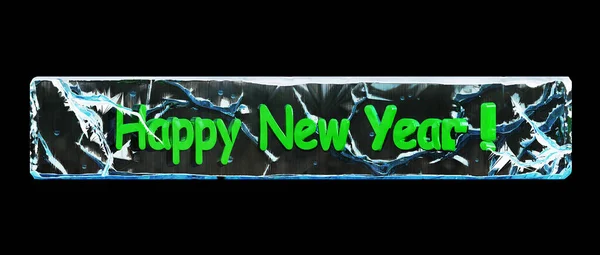 The inscription Happy New Year is frozen in a rectangular piece of ice on a dark background. 3D rendering — Stock Photo, Image