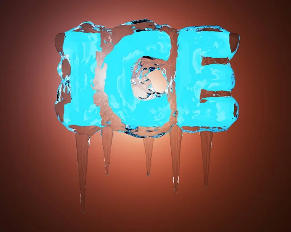 A palavra gelo é congelada em um pedaço transparente de gelo sobre um fundo marrom retroiluminado. Renderização 3D — Fotografia de Stock