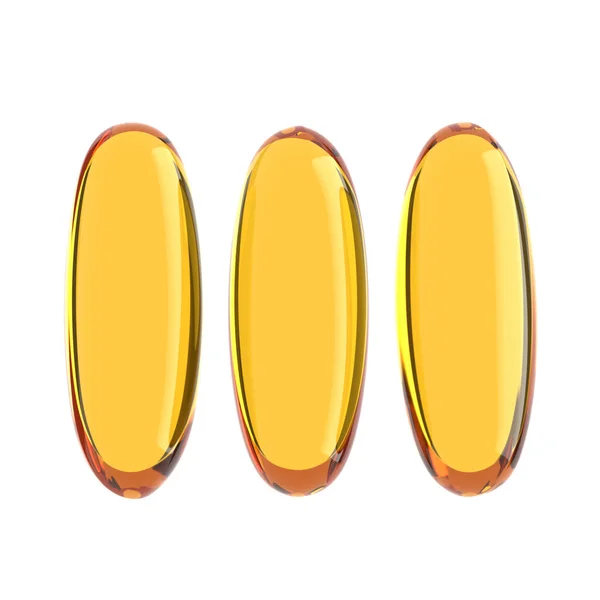 Tres cápsulas doradas con aceite de pescado sobre un fondo blanco. Renderizado 3D —  Fotos de Stock