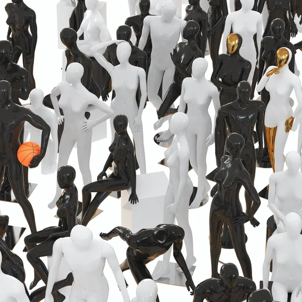 Velká sbírka černobílých figurín na bílém pozadí. 3D vykreslování — Stock fotografie