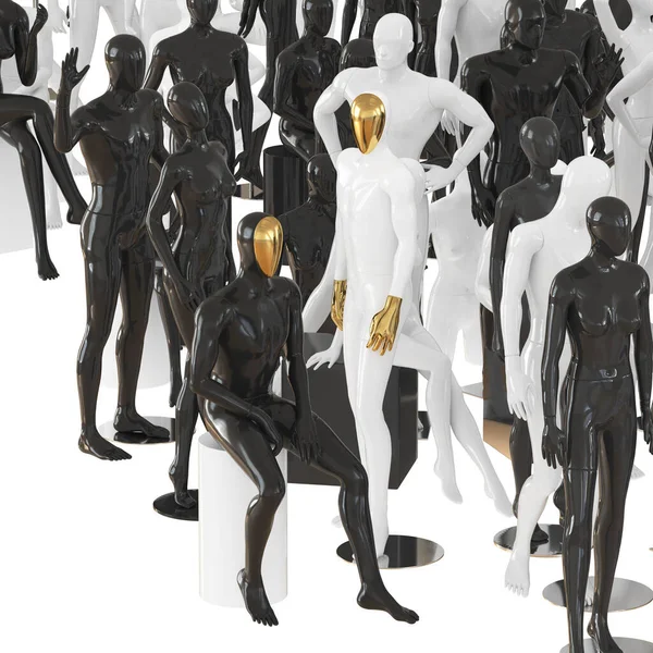 男性と女性のマネキンは異なったポーズの黒そして白である。3Dレンダリング — ストック写真