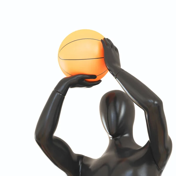 Un maniquí negro lanza una pelota de baloncesto contra un fondo blanco. renderizado 3d. —  Fotos de Stock