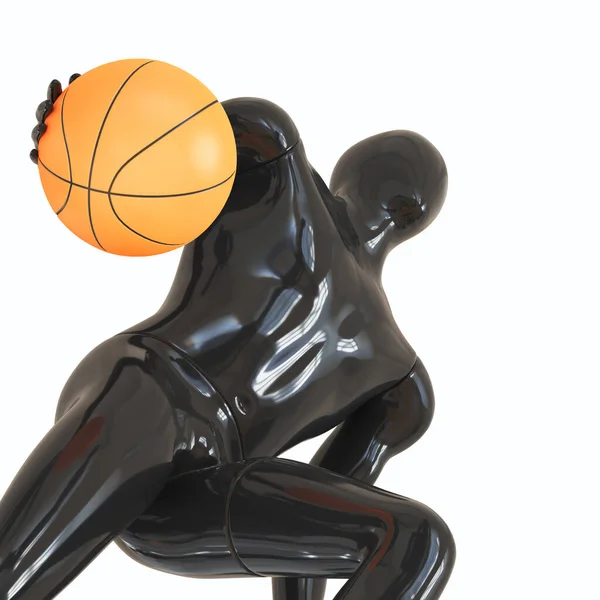 Siyah ve parlak plastik kuklalı bir erkek, beyaz sırtında basketbol topuna önderlik ediyor. 3d oluşturma. — Stok fotoğraf