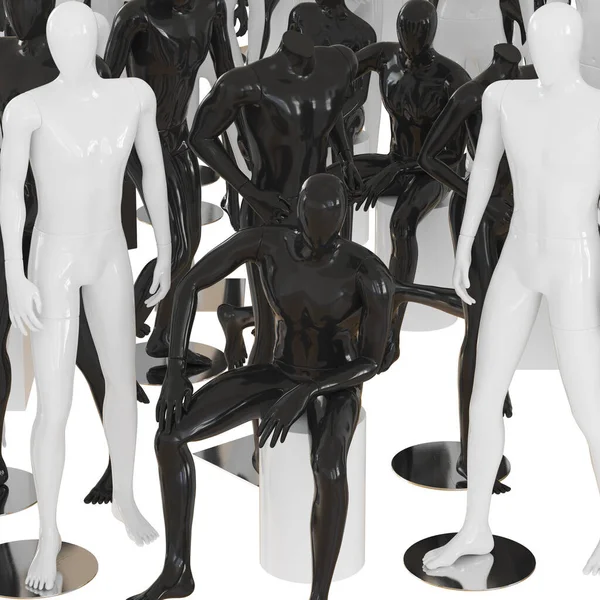 Un manichino nero siede su uno sgabello bianco, e ci sono altre figure bianche e nere di persone nelle vicinanze. rendering 3d. — Foto Stock