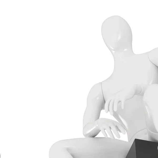 Un maniquí blanco de los hombres se sienta en un cubo negro sobre un fondo blanco. renderizado 3d — Foto de Stock