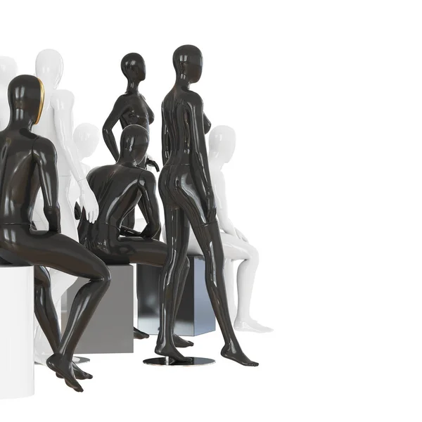 Maniquíes blancos y negros en diferentes poses, masculinos y femeninos. renderizado 3d — Foto de Stock