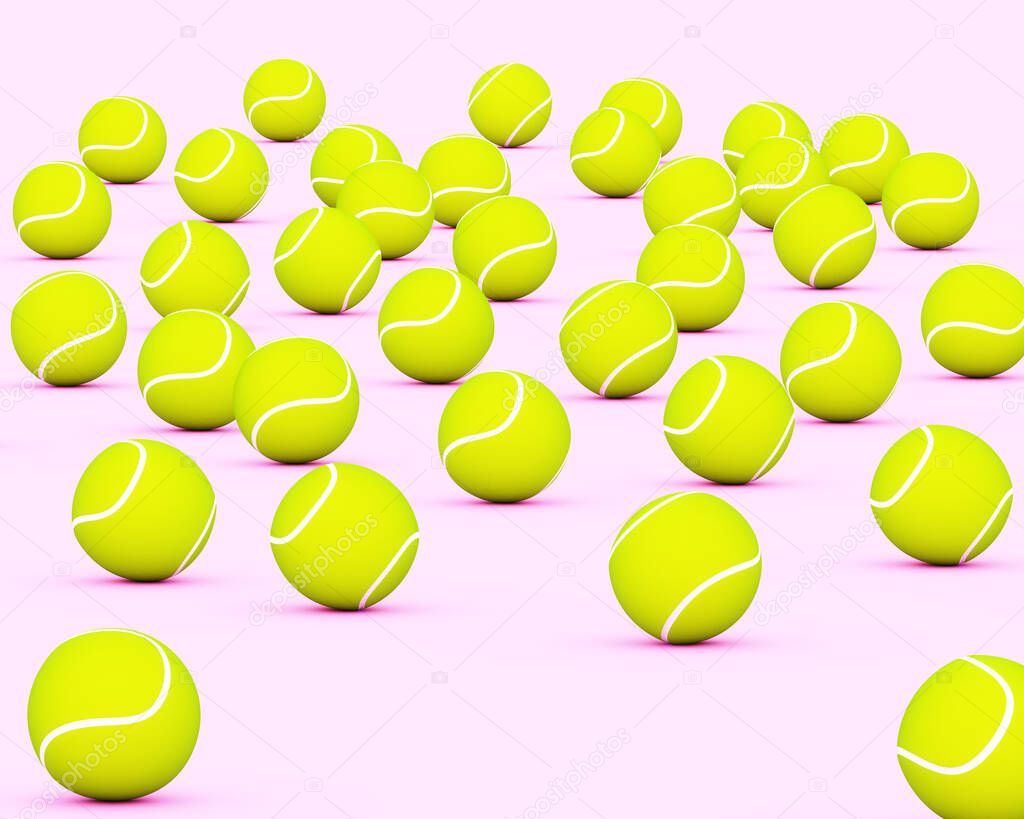 A lot of yellow tennis balls on a light pink floor. 3D rendering