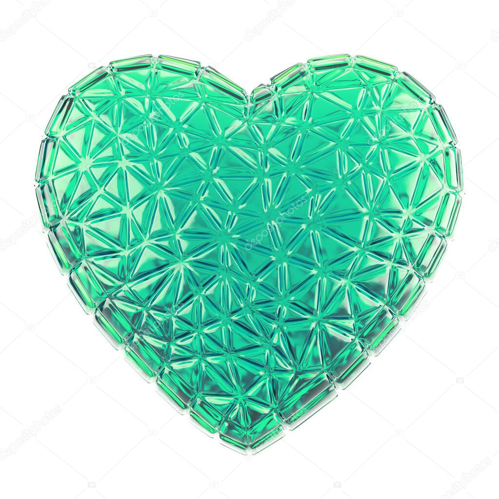 Turquoise crystal heart on a white background. 3D rendering