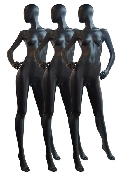 Три черных женских манекена стоят в ряд на изолированном фоне. 3d-рендеринг — стоковое фото