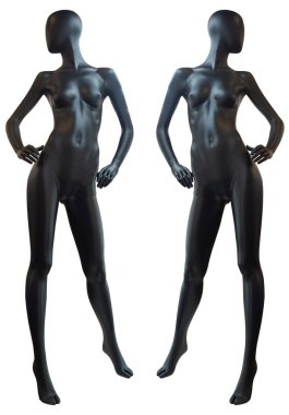 Giysileri olmayan iki siyah kadın manken beyaz arka planda yan yana duruyor. 3d oluşturma