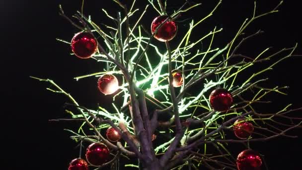 Jule-røde baller henger på et tre og dingler fra vinden på gaten om natta – stockvideo