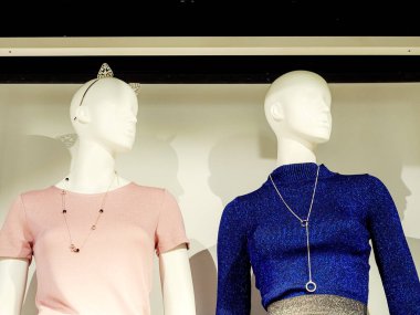 Mavi ve pembe ceketli aynı kadın mankenler başlarını yana çeviriyorlar.