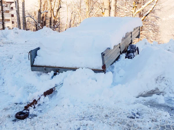 En vagn fylld med snö står i en snödriva mot en bakgrund av träd — Stockfoto