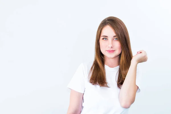 Close Portrait Happy Brunette Caucasian Smiling Young Woman Looking Camera — Stock Photo, Image