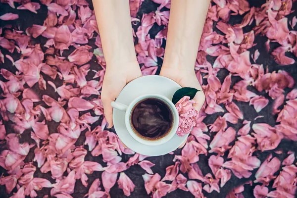 Manos Mujer Vista Superior Sosteniendo Taza Café Flor Peonía Rosa —  Fotos de Stock