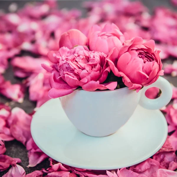 Cierre Ramo Flores Peonía Rosa Claro Una Taza Decorativa Platillo —  Fotos de Stock