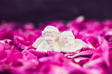 İki antika küçük güzel melekler pembe mor peony çiçek yaprakları siyah taş zemin üzerine alçı heykelciği. Aşk, Romantik, Sevgililer günü kavramı. Yakın, yumuşak seçici odak.