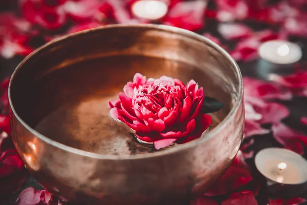 Tibetan Singing Bowl Floating Water Red Peony Flower Burning Candles — Stock Photo, Image