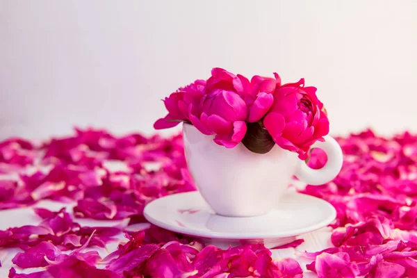 Cerrar Ramo Flores Peonía Rosa Púrpura Una Taza Decorativa Platillo —  Fotos de Stock