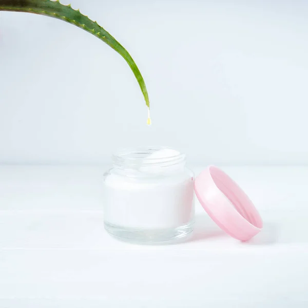 Hojas frescas de aloe vera con gota de aceite esencial cayendo a crema jur sobre el fondo blanco. Orgánica ingredientes cosméticos naturales puros. Vista frontal. Espacio para texto . — Foto de Stock