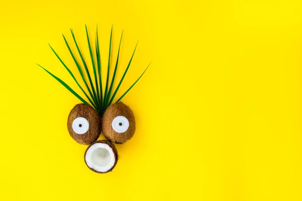 Grappig gezicht met verbazende expressie gemaakt van kokosnoten en pallmblad op de gele achtergrond. Tropische zomerse achtergrond. Exotisch masker. Minimalisme creatief concept. Selectieve focus. Kopieerruimte. — Stockfoto