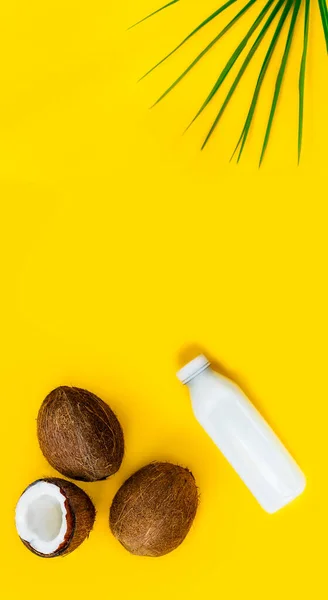 Bovenaanzicht fles verse rauwe veganistische kokosmelk en verse kokosnoten met een groen palmblad op de gele achtergrond. Zomer exotische verfrissing. Natuurlijke plantaardige voedsel. Verticale banner. Kopieerruimte. — Stockfoto