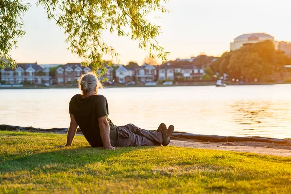 公園の湖のほとりにある緑の芝生の上に座って夕日を楽しむ灰色の髪の成熟した男をバックビューします 精神的な健康のための簡単な喜び 自然のリラックス 選択的フォーカス スペースのコピー — ストック写真