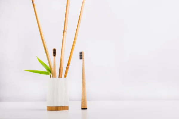 Holzzahnbürsten, eine stehend mit frischen Bambusrohren und Blättern in weißem Halter auf Bambusbasis und eine andere auf weißem Hintergrund. Umweltfreundlich, ohne Abfall. Bewusste Nutzung natürlicher Ressourcen. — Stockfoto