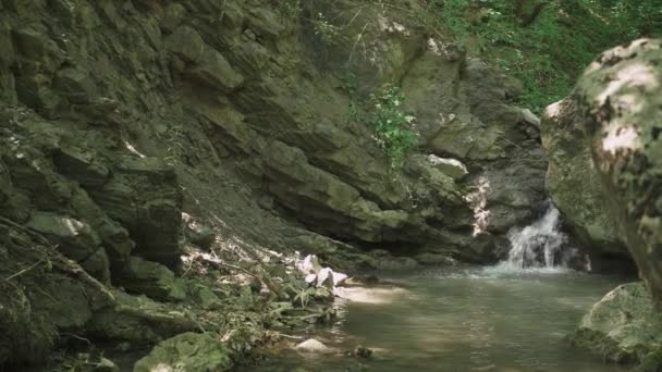 Přírodní Krajiny Pohled Creek Malým Vodopádem Skalnatém Terénu — Stock video
