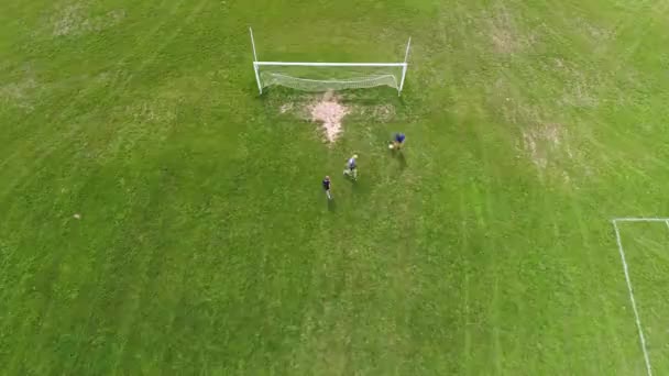 Çalın çocuklar futbol eğitim sahasında gol, yükseklikleri görünümünden. — Stok video