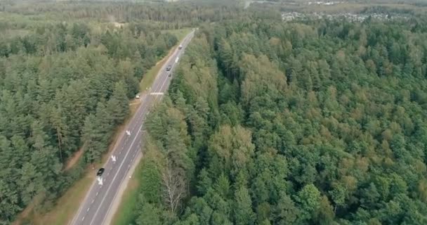 Logistika, pohled, auta a kamionu jízdy po silnici poblíž lesa, výhled z výšky. — Stock video