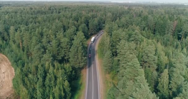 Logística, vista aérea, coches y camiones la carretera cerca de bosque, vista desde la altura. — Vídeos de Stock