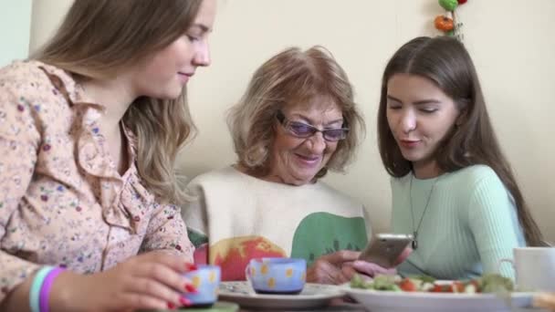 Les filles bénévoles enseigne une femme âgée d’utiliser le smartphone, l’intérieur de la maison. — Video