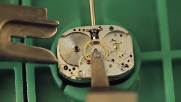 การผลิตนาฬิกา, กระบวนการของการประกอบกลไกของเครื่องนาฬิกาข้อมือ CNC, เกียร์และชิ้นส่วน . — วีดีโอสต็อก