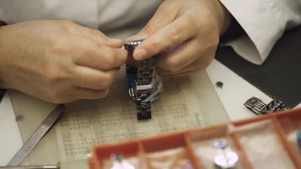 Fabricação de relógios, de pulso de reparos de trabalhador mulher, trabalho manual. — Vídeo de Stock