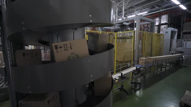 Bielorrusia, Minsk - 25 de enero de 2018: Almacén, caja de cartón se mueve a lo largo de la línea de producción. — Vídeos de Stock
