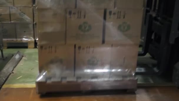 Bělorusko, Minsk - 25 ledna 2018: Skladu, zavaděč výtahy paletové kartonové boxy. — Stock video