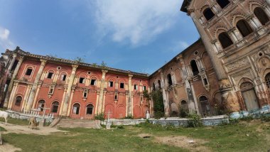 Hindistan 'ın Bihar kentindeki Rajnagar Sarayı' nın Hayaletli Güzel Ortaçağ Harabeleri, Karmaşık Karmaşık Oymalar, Yıpranmış Tuğla Mimarisi ve Bitkilerin Yükselişi