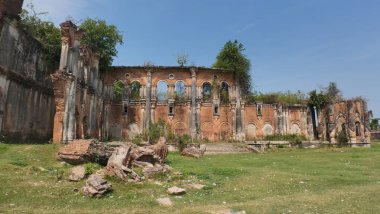 Hindistan 'ın Bihar kentindeki Rajnagar Sarayı' nın Hayaletli Güzel Ortaçağ Harabeleri, Karmaşık Karmaşık Oymalar, Yıpranmış Tuğla Mimarisi ve Bitkilerin Yükselişi