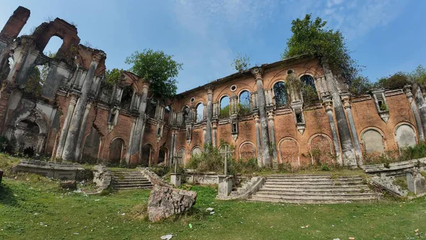 Hindistan 'ın Bihar kentindeki Rajnagar Sarayı' nın Hayaletli Güzel Ortaçağ Harabeleri, Karmaşık Karmaşık Oymalar, Yıpranmış Tuğla Mimarisi ve Bitkilerin Yükselişi
