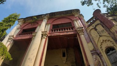 Hindistan 'ın Bihar kentindeki Rajnagar Sarayı' nın Hayaletli Güzel Ortaçağ Harabeleri, Karmaşık Karmaşık Oymalar, Yıpranmış Tuğla Mimarisi ve Bitkilerin Yükselişi