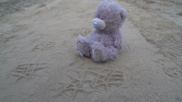 Botte militaire coup d'envoi enfant jouet petit ours en peluche gris sur la route de sable, crime de guerre — Video