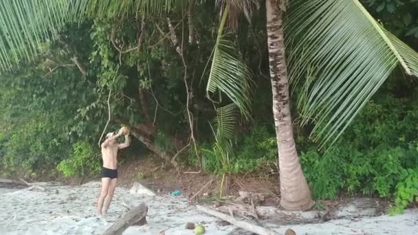 Голодний чоловік намагається отримати кокос з долоні — стокове відео
