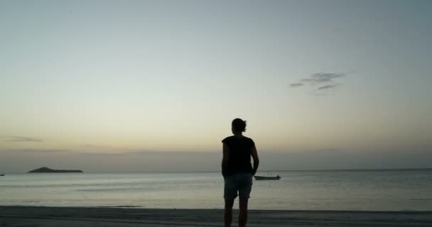 Vrouw silhuette permanent alleen en kijkt uit op tropisch strand op zonsondergang, filosofisch concept — Stockvideo