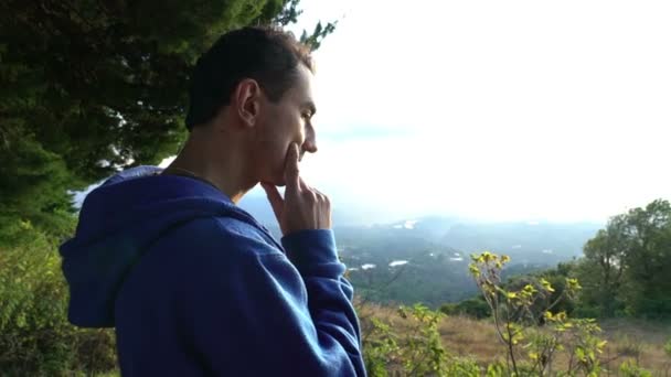 Pensive Man Standing Top Mountains Philosopher Expression — Stock Video